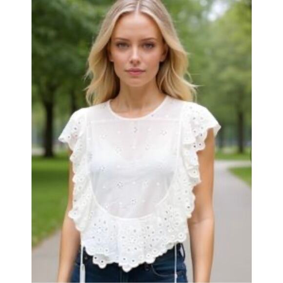 Unsubscribed Tops Blouse Shirt Women's Small White Boho Eyelet Ruffle Bib NWT - Picture 1 of 12
